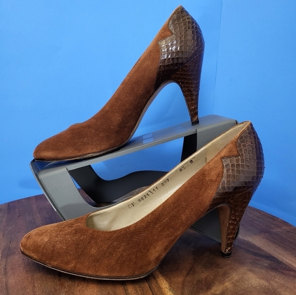 Salvatore Ferragamo Pumps Suede with Snake/Scale Heel Caramel/Brown Women's 8.5 - Picture 4 of 13